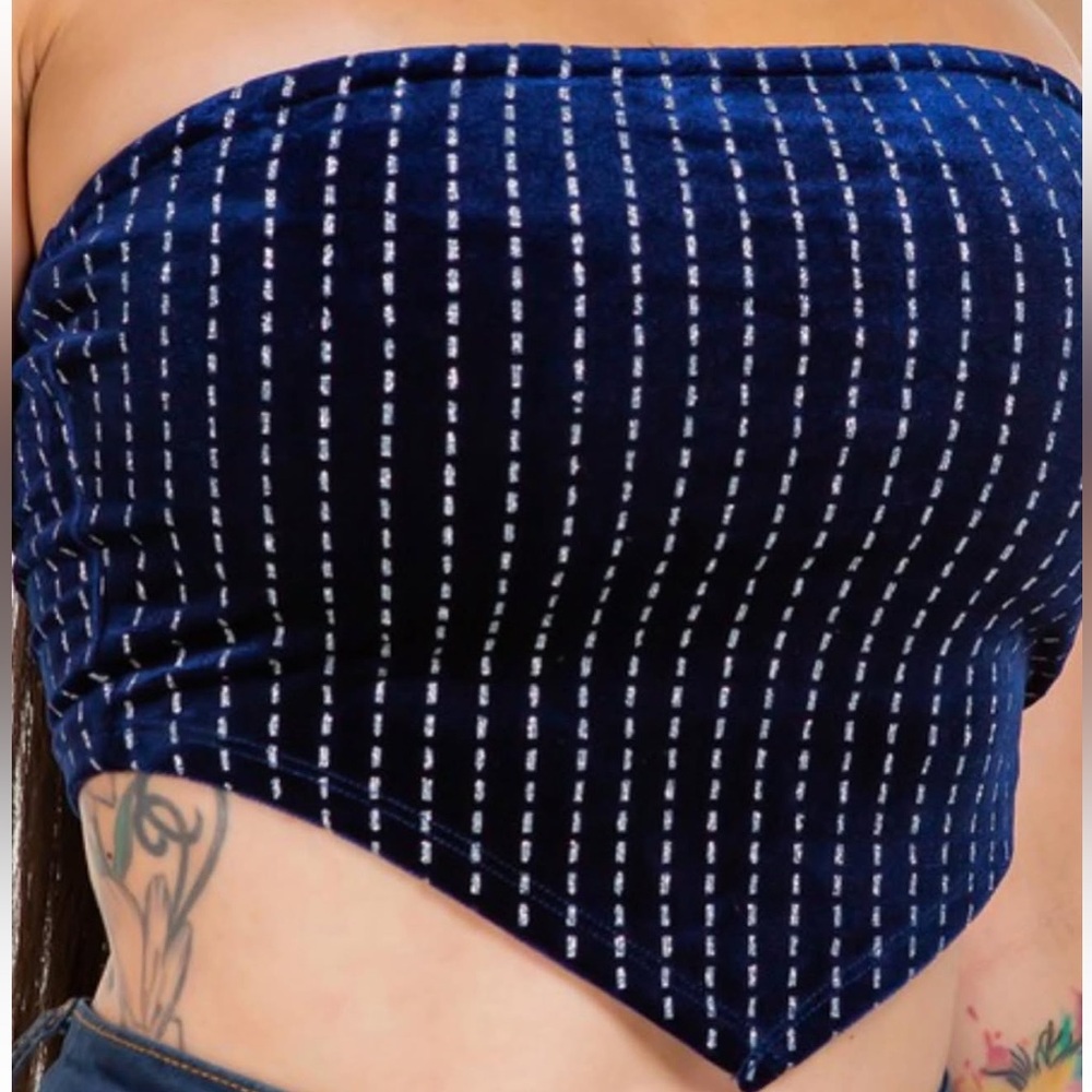 Striped Navy Blue Strapless Crop Top